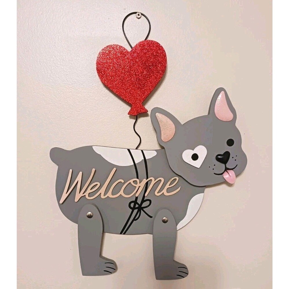 Gray Frenchie French Bulldog 17" Dog Love Heart WELCOME Door Sign Wall Hanging